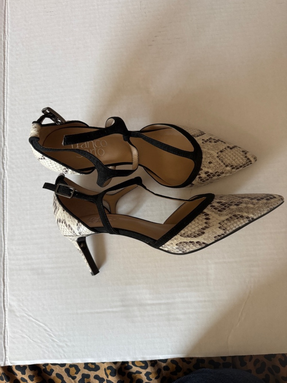 Franco Sarto Black T-Strap Snake-Print Pointed Heels - Picture 4 of 8